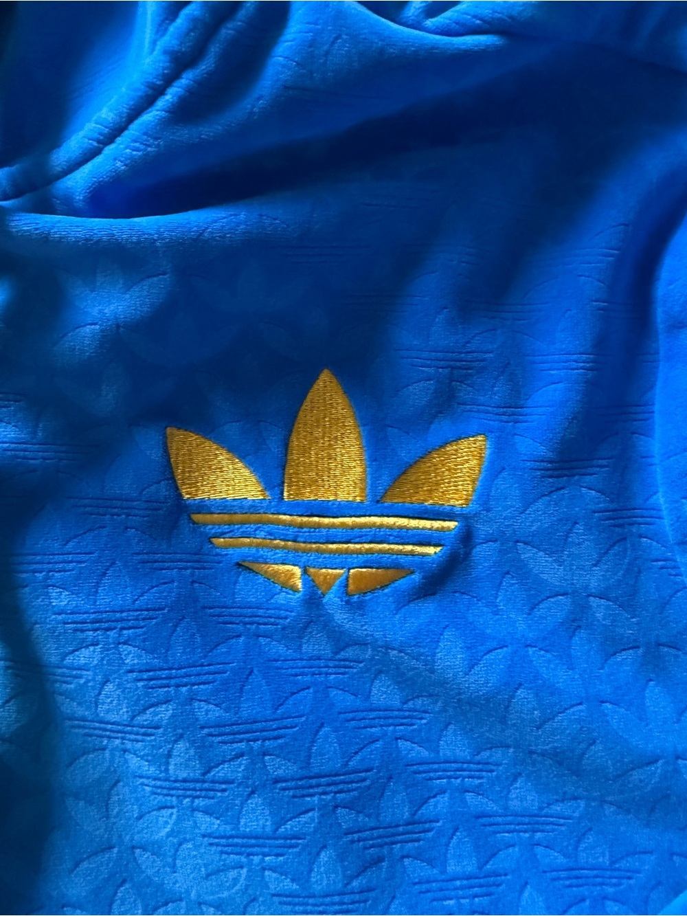 Women’s Adidas Royal Blue velour hoodie with Yellow Trefoil Embroidery, small